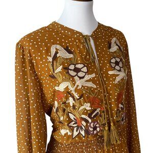 3X Plus Dress Long Sleeve 18 Maxi Boho Embroidered Mustard Elastic waist Cottage